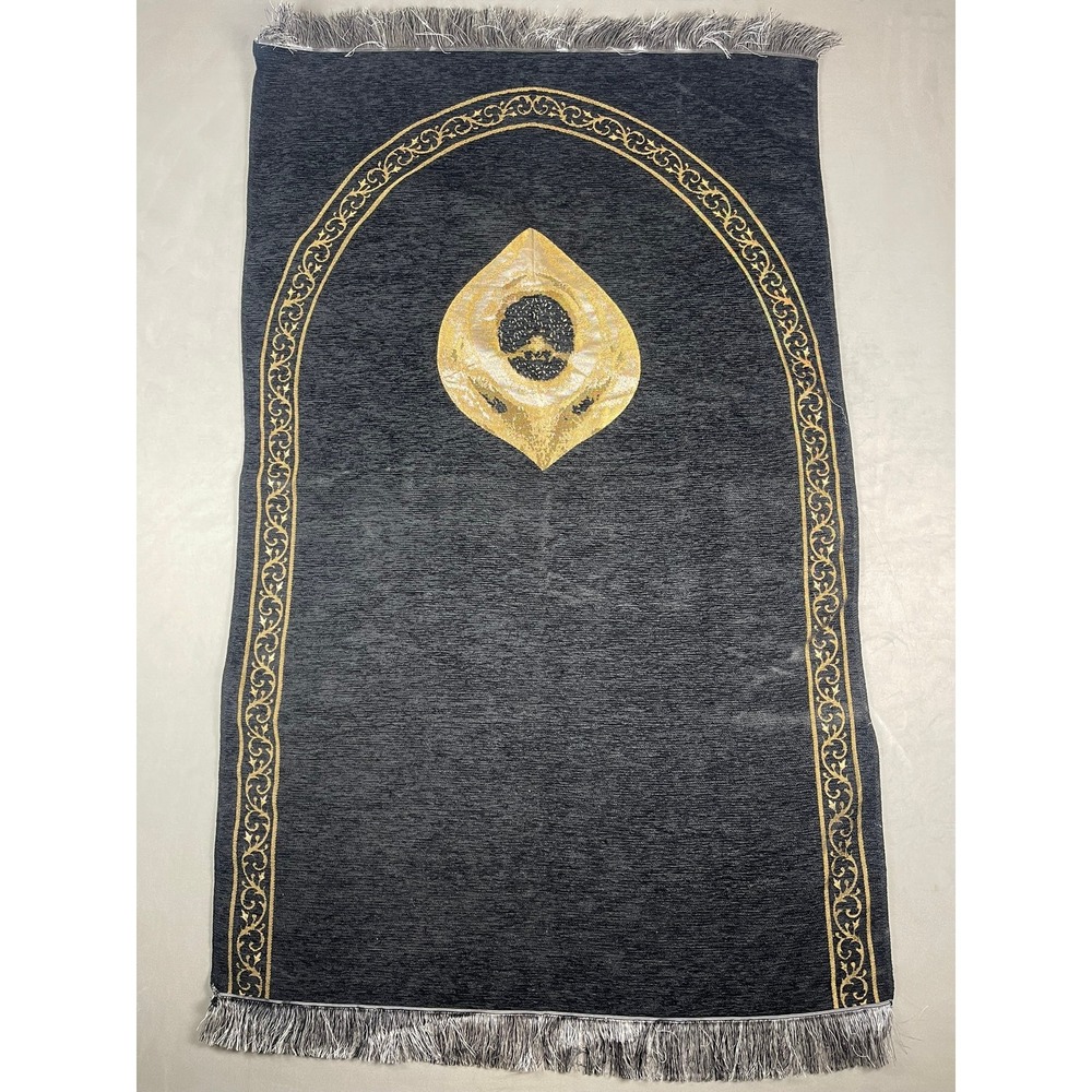 Islamic‎ Prayer Mat Janamaz Black Gold Kaaba Mihrab Design Fringed 27x44in